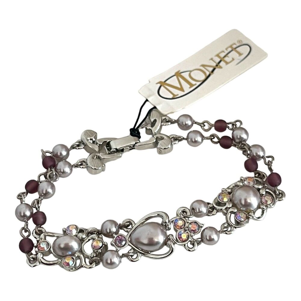 New Monet Bracelet Crystals Purple Toned Pearls AB Crystal Silver Toned - 2Y